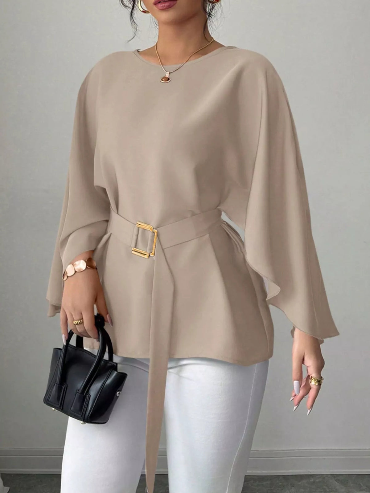 Batwing sleeve belted blouse from Plush Fashion Hub, stylish top with flowy sleeves and a waist belt, perfect for casual or office wear.