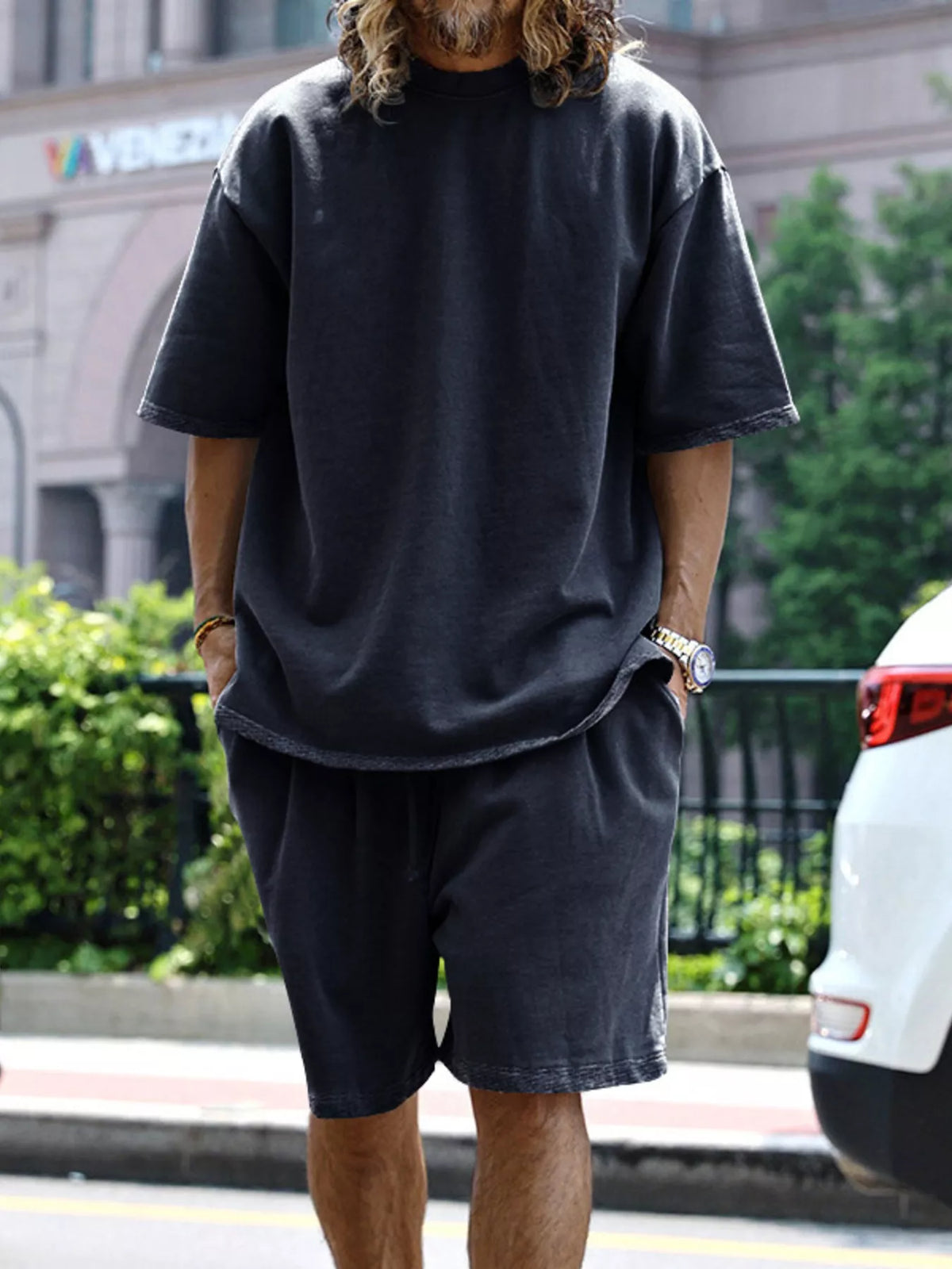 Men's relaxed fit T-shirt and shorts set by Plush Fashion Hub, plus size casual tops and bottoms for comfortable wear.