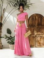 Trendsi one-shoulder top and ruched maxi skirt set, stylish matching outfit featuring a sleek top and flowy skirt.