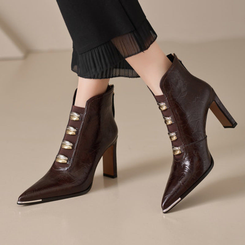 Women's satin pointed toe chunky heel short boots by Plush Fashion Hub with ultra-high heel, stylish and elegant footwear.