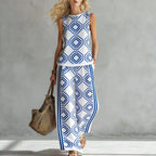 Women's sleeveless printed tank top and wide-leg pants two-piece casualwear set by Plush Fashion Hub, featuring vibrant patterns and comfortable fit.