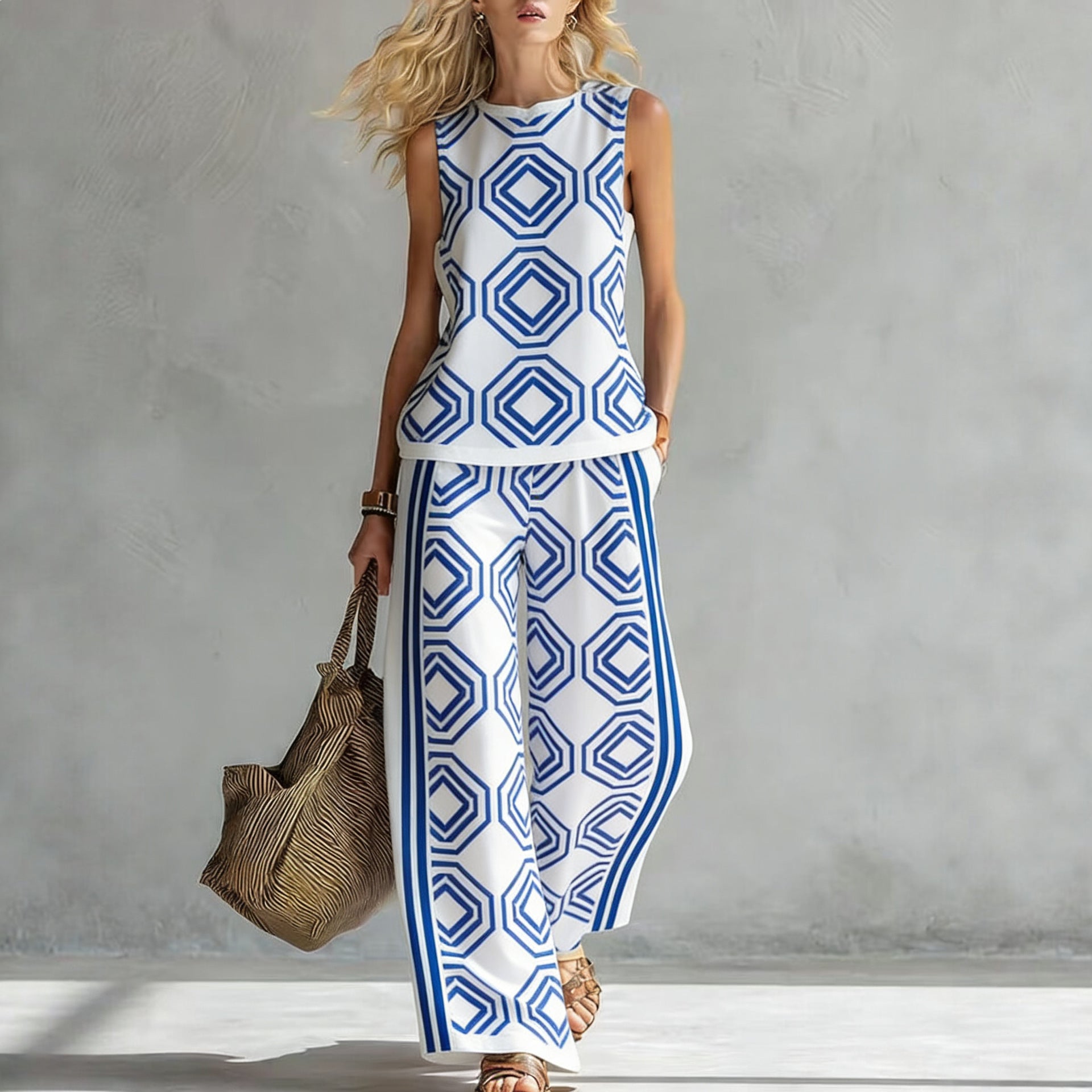 Women's sleeveless printed tank top and wide-leg pants two-piece casualwear set by Plush Fashion Hub, featuring vibrant patterns and comfortable fit.