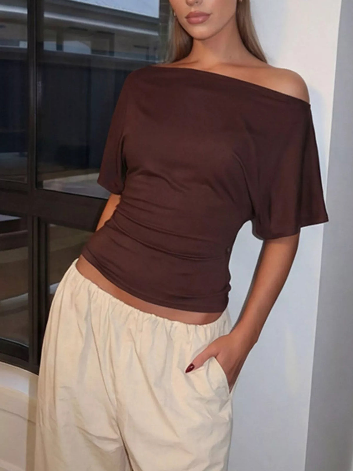 Plush Fashion Hub boat neck short sleeve T-shirt in a casual tops style, featuring a classic fit and soft fabric.