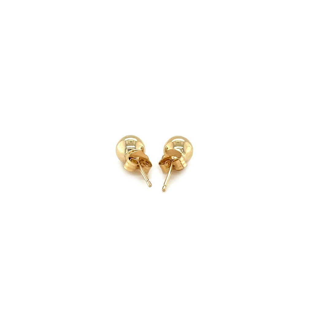 14k yellow gold round stud earrings, 5mm size, featuring classic and elegant jewelry design with secure post backing.