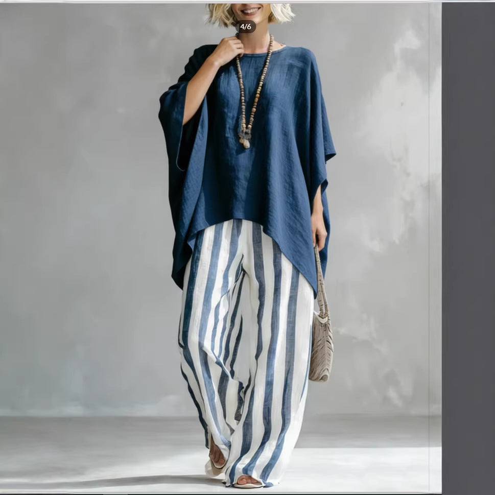 Women's striped batwing-sleeve loose linen two-piece set by FitiqueFit, casualwear with relaxed fit and stylish design.