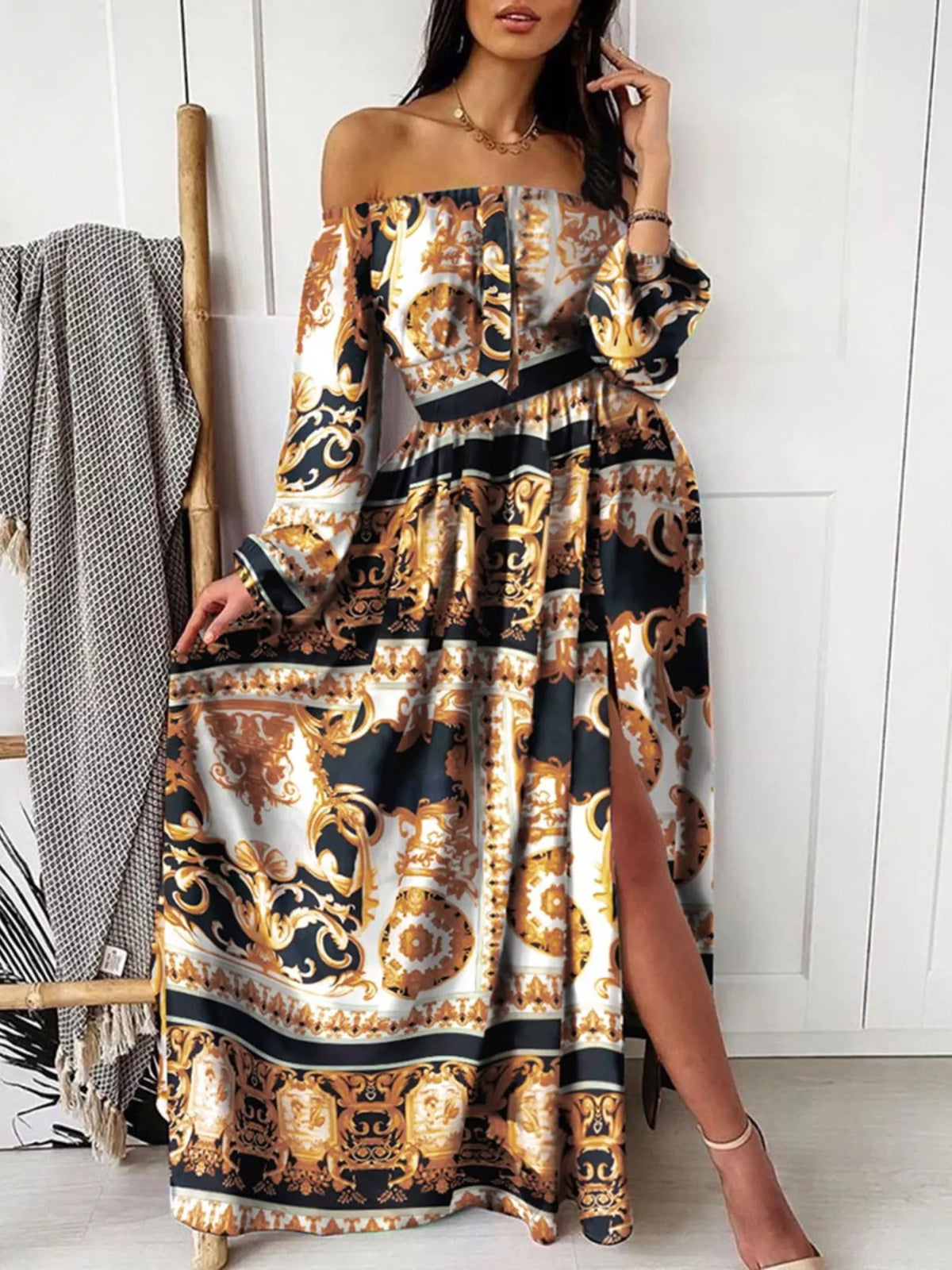 Plush Fashion Hub off-shoulder printed maxi dress with side slit, flowy fabric, perfect for casual or summer wear.