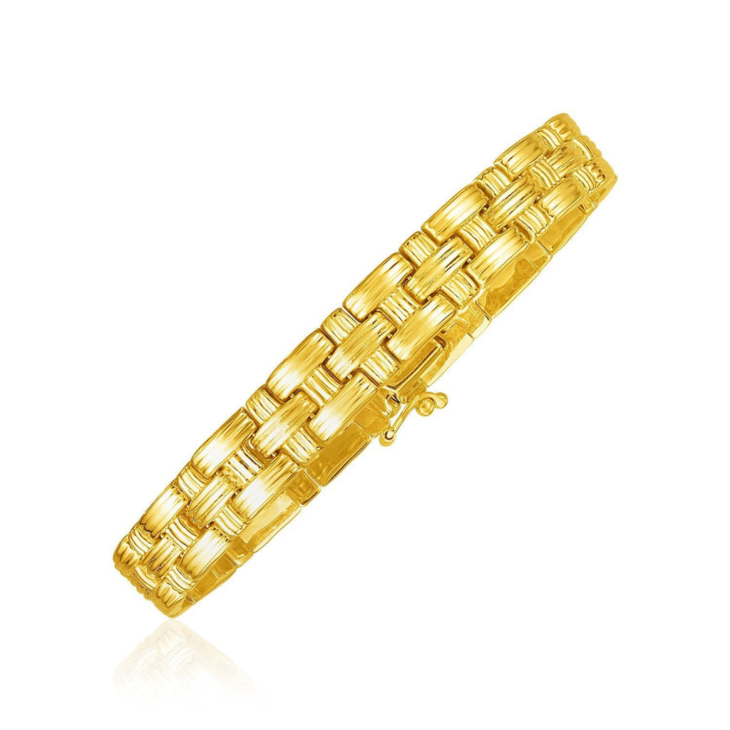 14k yellow gold basket weave bracelet with intricate pattern, showcasing a luxurious and elegant jewelry design.