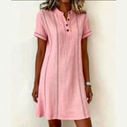Women's printed button-up midi dress with stand collar, 3/4 sleeves, loose fit by Plush Fashion Hub