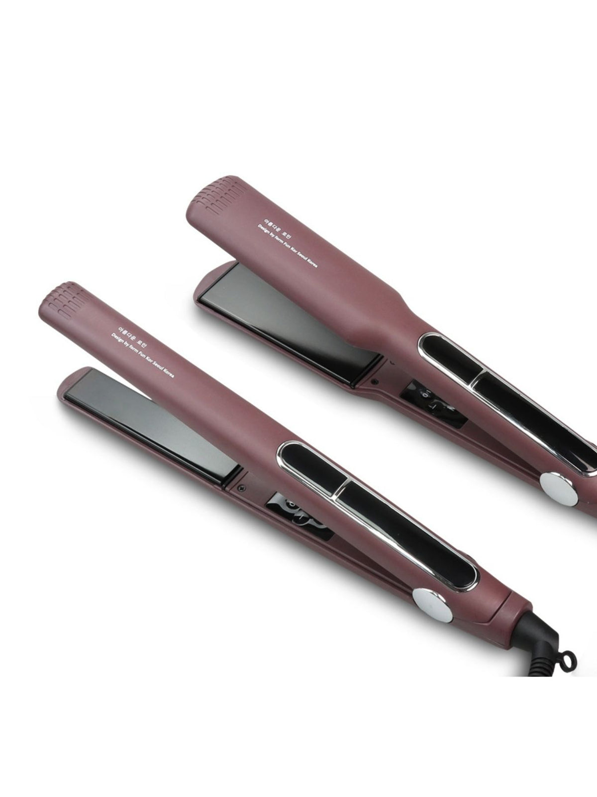Plush Fashion Hub professional 2-in-1 hair straightener and curling iron with black and silver design, showing heated plates.