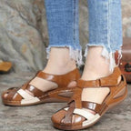 Vintage round toe wedge sandals for women with cross buckles, stylish LadyShow.Store ladies' footwear in natural leather finish.