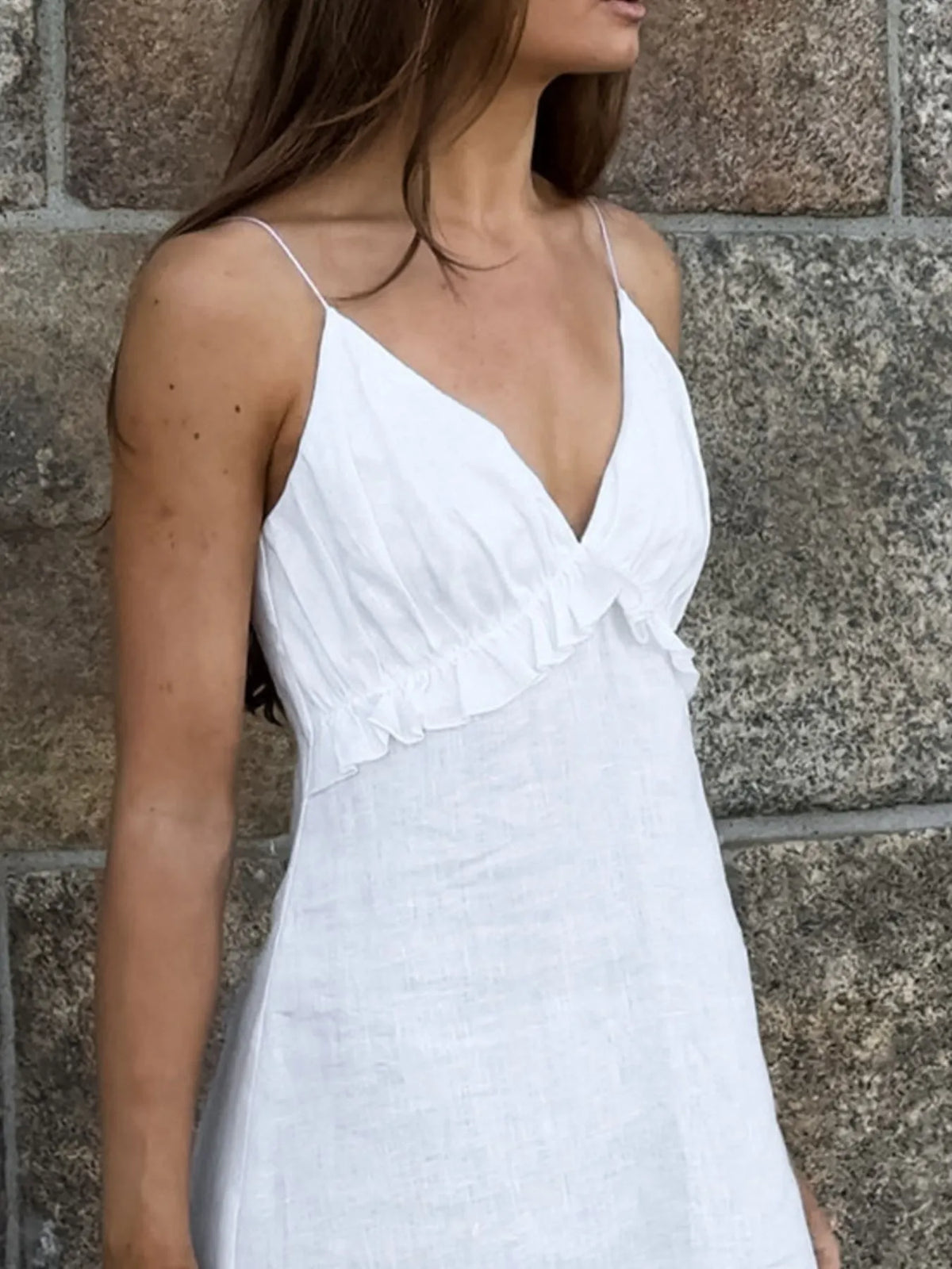 Women’s ruffled V-neck cotton maxi dress by Plush Fashion Hub, featuring a flowy boho summer design with ruffles and a relaxed fit.