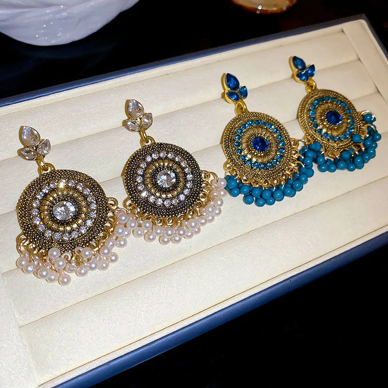 Rhinestone alloy bead dangle earrings with sparkling stones and silver-tone design, fashion jewelry from Plush Fashion Hub.