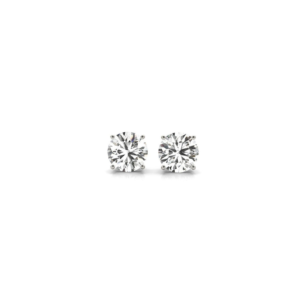Certified IGI lab-grown round diamond stud earrings in 14k white gold with G/VS2 clarity, featuring 1 ctw total weight.