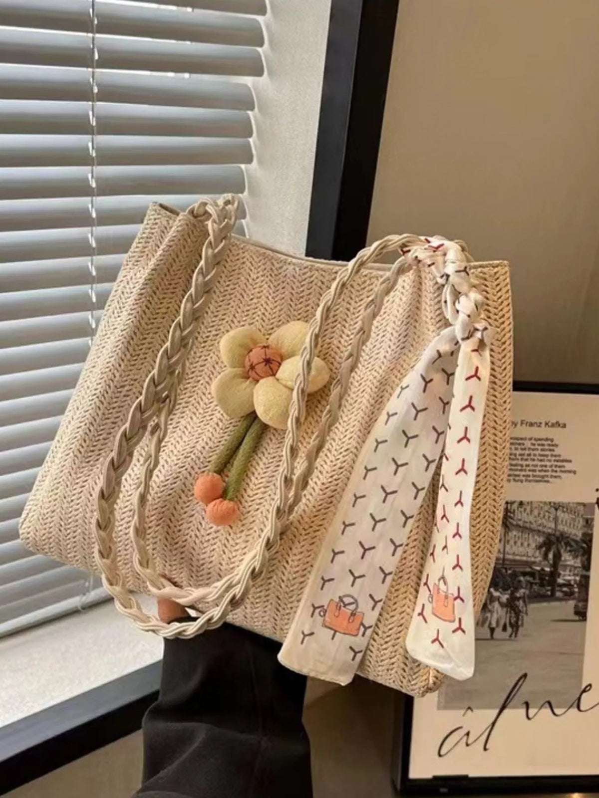 Woven straw tote bag with floral decor, stylish bag for casual outings, by Plush Fashion Hub