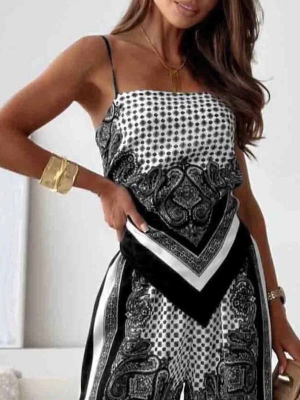Printed cami and wide-leg pants loungewear set by Plush Fashion Hub, featuring a comfortable sleeveless top and flowy trousers.