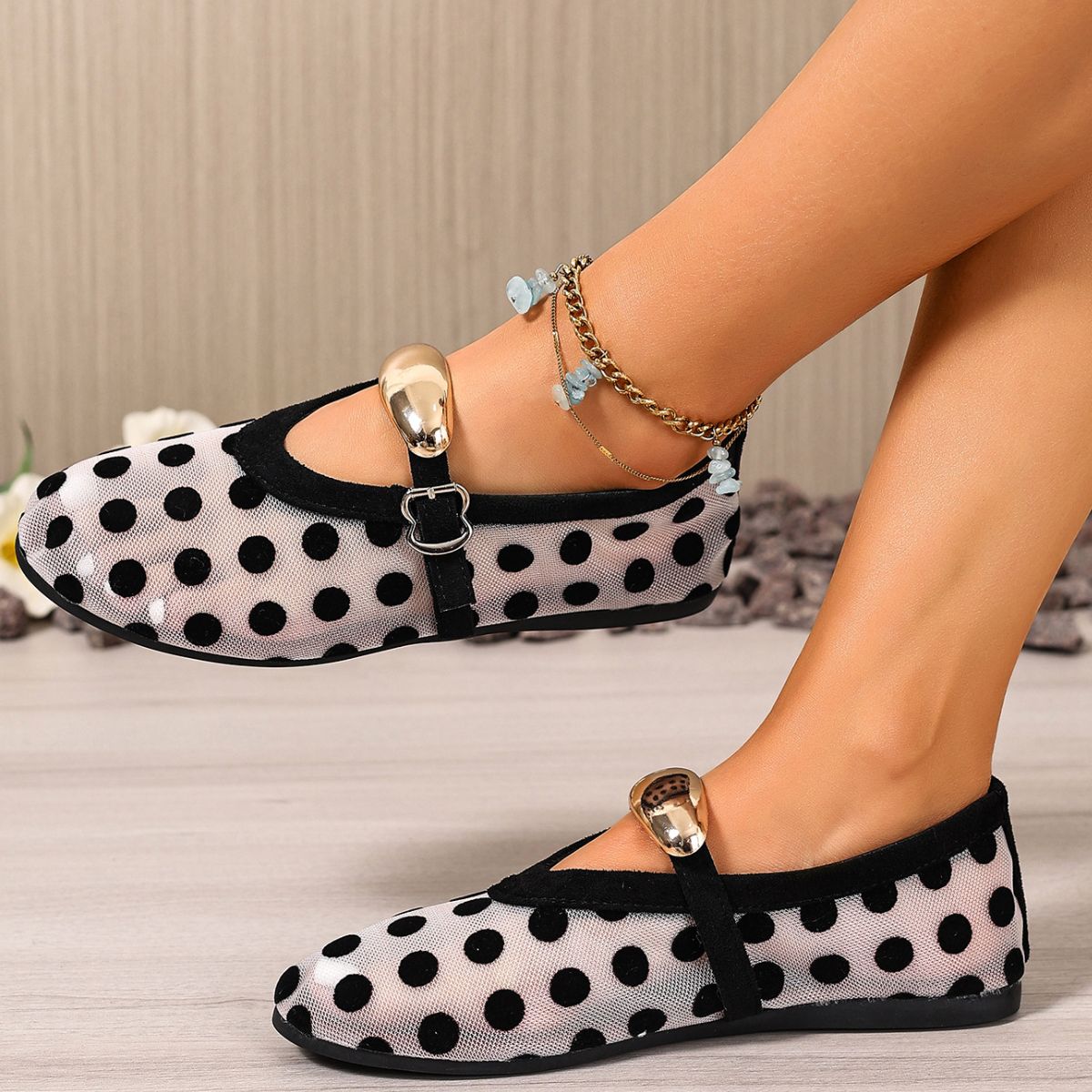 Women's polka dot mesh slip-on casual walking shoes by Plush Fashion Hub, lightweight and breathable with a comfortable fit.