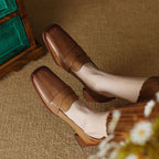 Women's sheepskin square toe chunky heel pumps by Plush Fashion Hub, retro high heel dress shoes with stylish design.