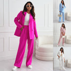 Women's professional FitiqueFit blazer and trousers suit set with long sleeves and full-length design, tailored for a polished look.