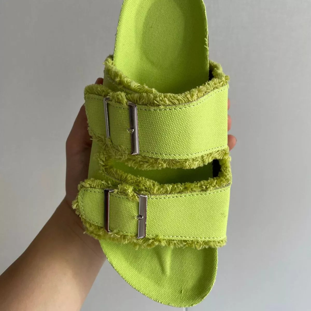 Plush Fashion Hub frayed edge buckle sandals with open toe and ankle strap, showcasing casual summer footwear design.