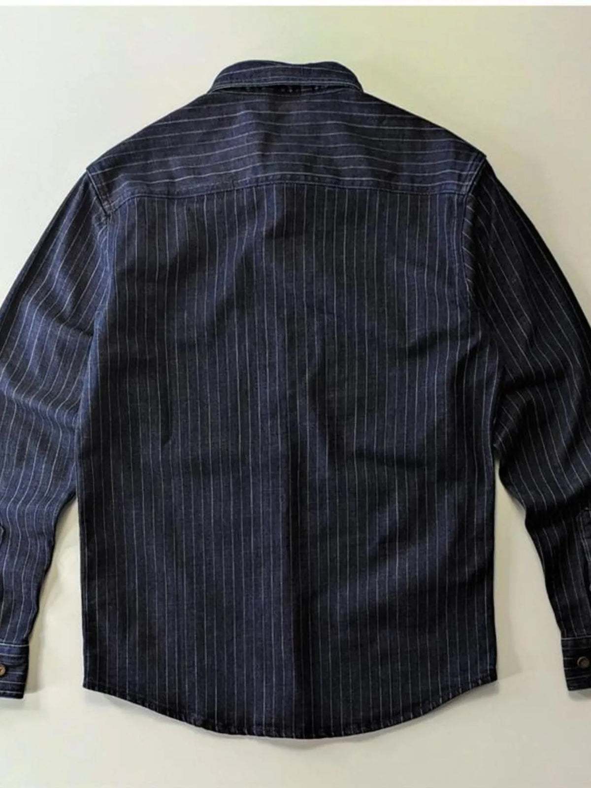 Men's plus size striped denim shirt by Trendsi, featuring a classic button-up style with blue and white horizontal stripes.