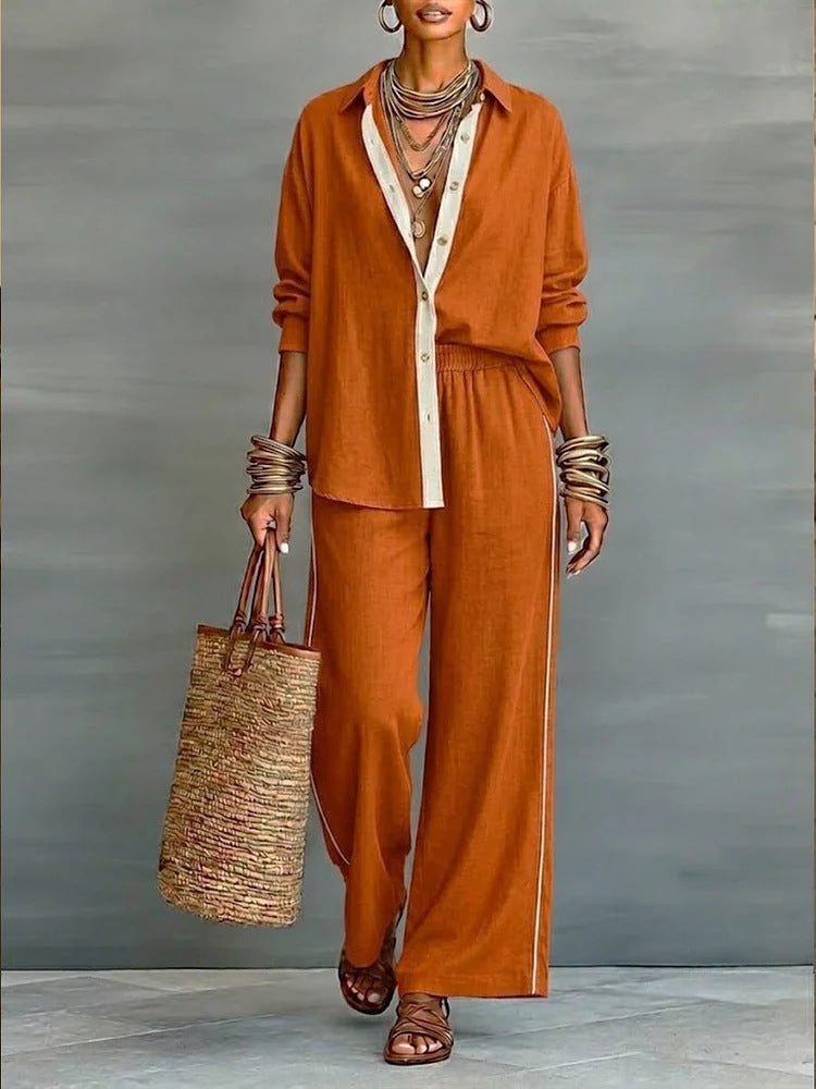 Contrast-color long-sleeve shirt and pants set by FitiqueFit, casualwear, featuring a stylish two-piece design with vibrant color accents.