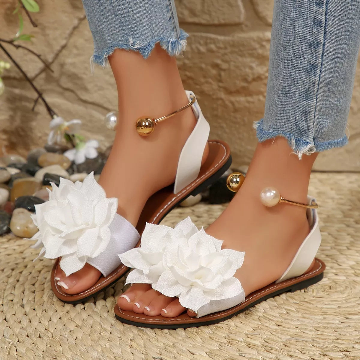 Floral decor flat sandals by Plush Fashion Hub featuring colorful flower embellishments and comfortable slip-on style.