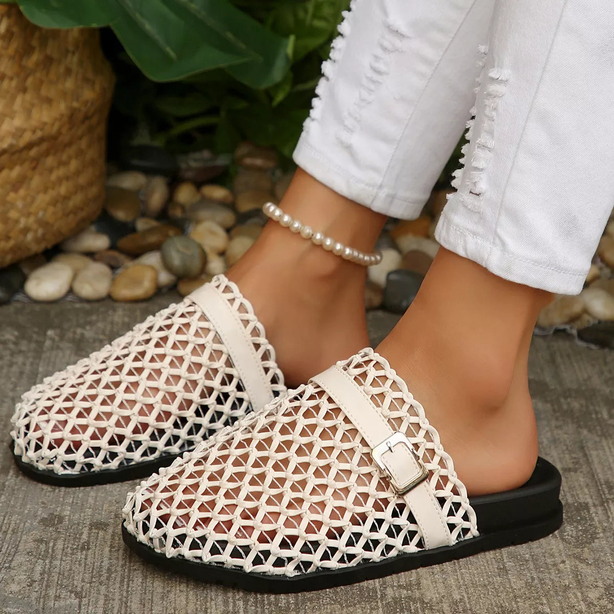 Plush Fashion Hub round toe buckle sandals with ankle straps and open heel, stylish summer footwear for women.