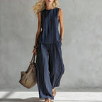 Women's sleeveless printed tank top and wide-leg pants two-piece casualwear set by Plush Fashion Hub, shown flat with vibrant pattern.