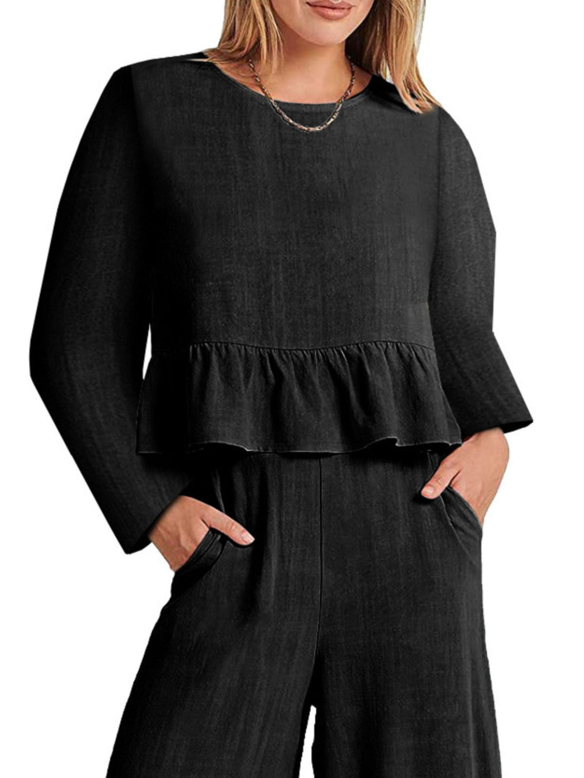 Women's long sleeve ruffled hem top and pants lounge set with pockets by Plush Fashion Hub, featuring a comfortable, stylish two-piece design.