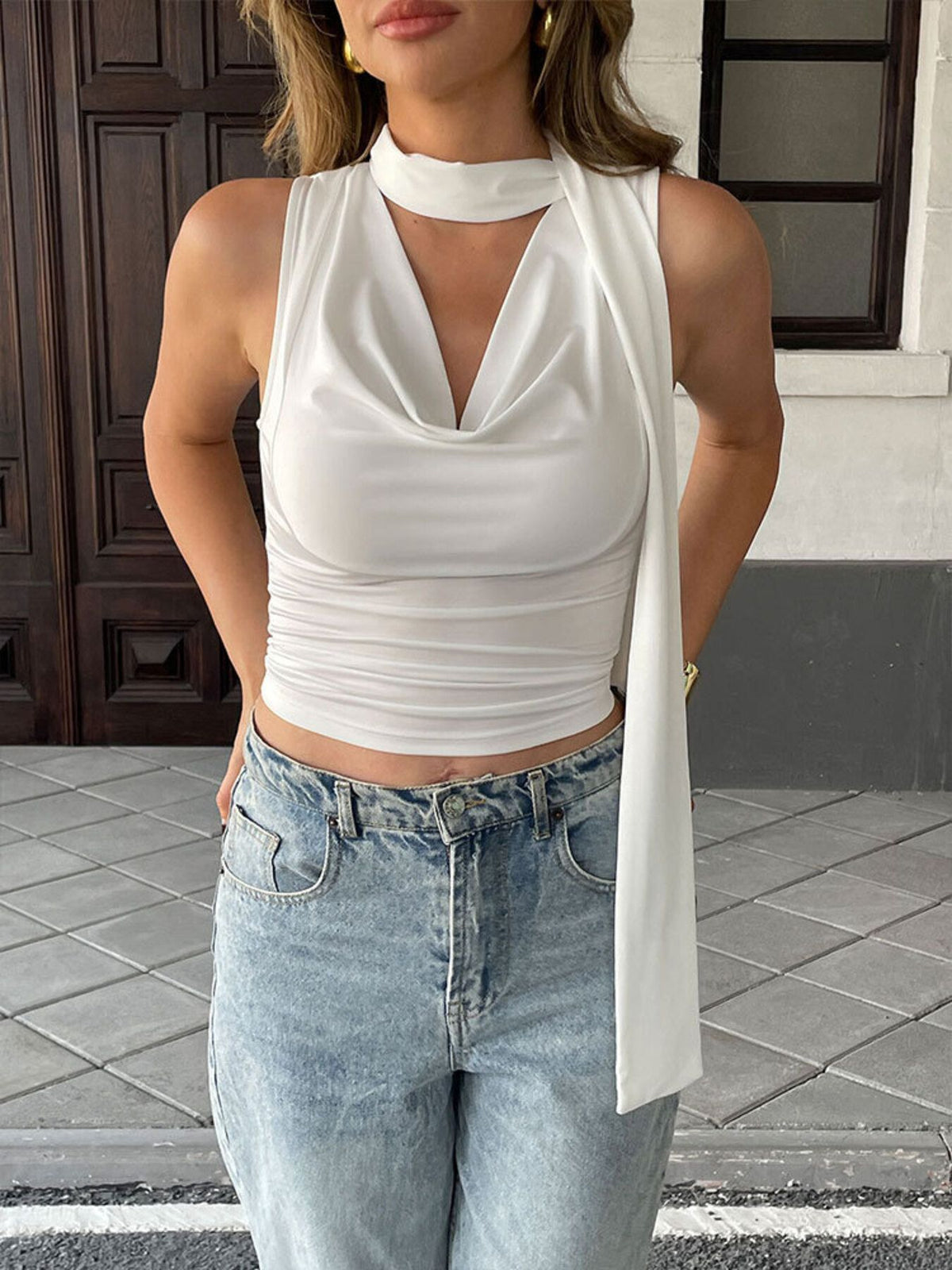 Elegant satin-feel cowl neck sleeveless blouse with ruched details, stylish camisole top from Plush Fashion Hub.