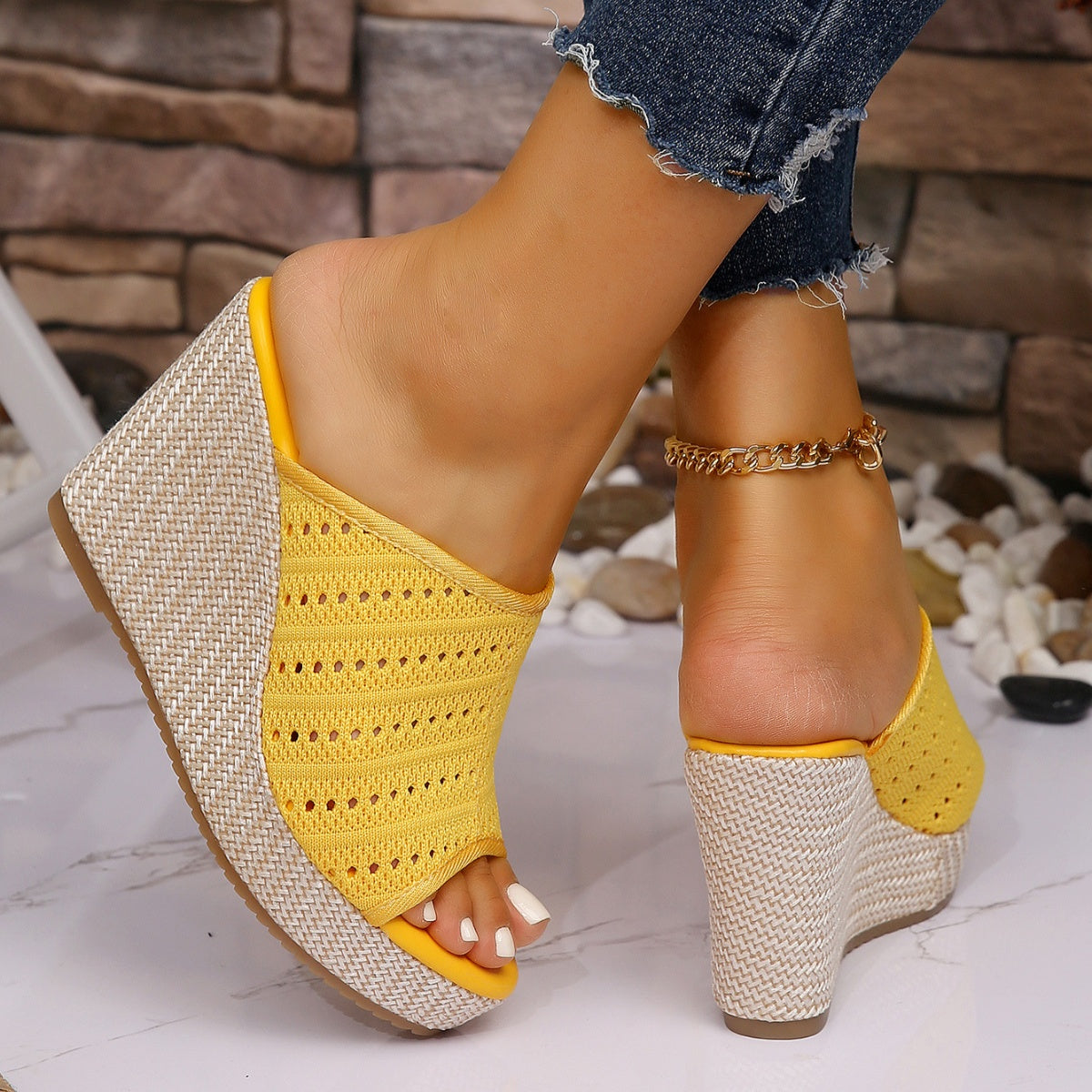 Women's mesh open toe wedge sandals with high heels and comfort features from Plush Fashion Hub, stylish and breathable footwear.