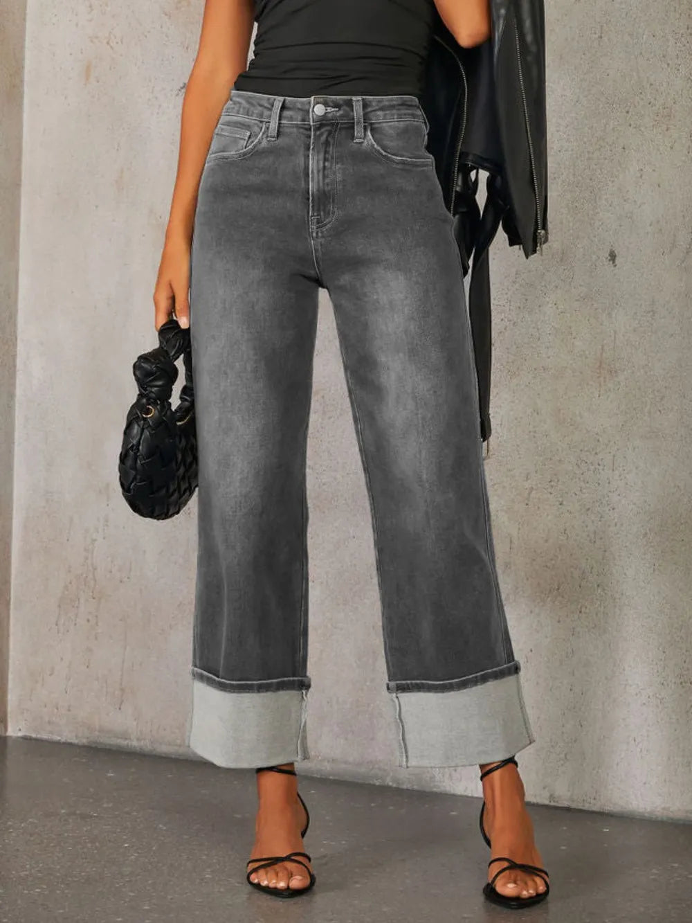 Trendsi high waisted straight leg rolled denim jeans showing a close-up of the fit and classic blue denim fabric.