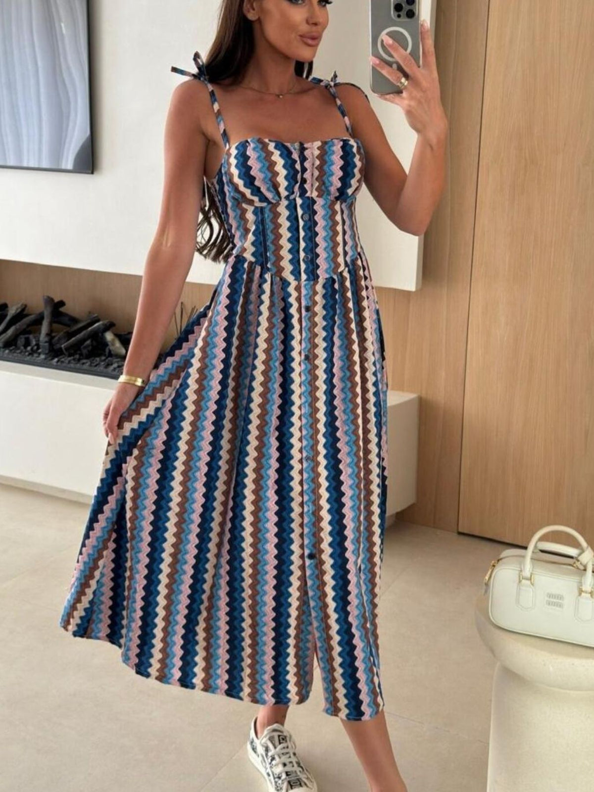 Women’s striped tie-shoulder midi dress by Plush Fashion Hub, casual summer dress with a relaxed fit and stylish brunch-ready look.