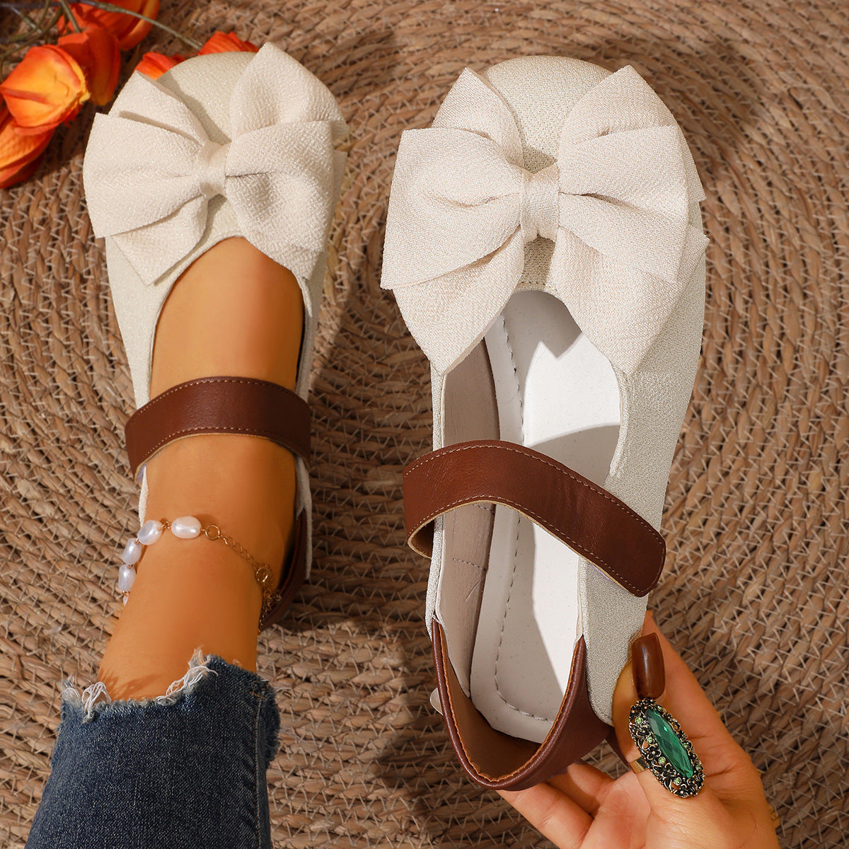 Women's vegan leather slip-on flats with round toe and chic bow from Plush Fashion Hub, showcasing comfortable and stylish shoe design.