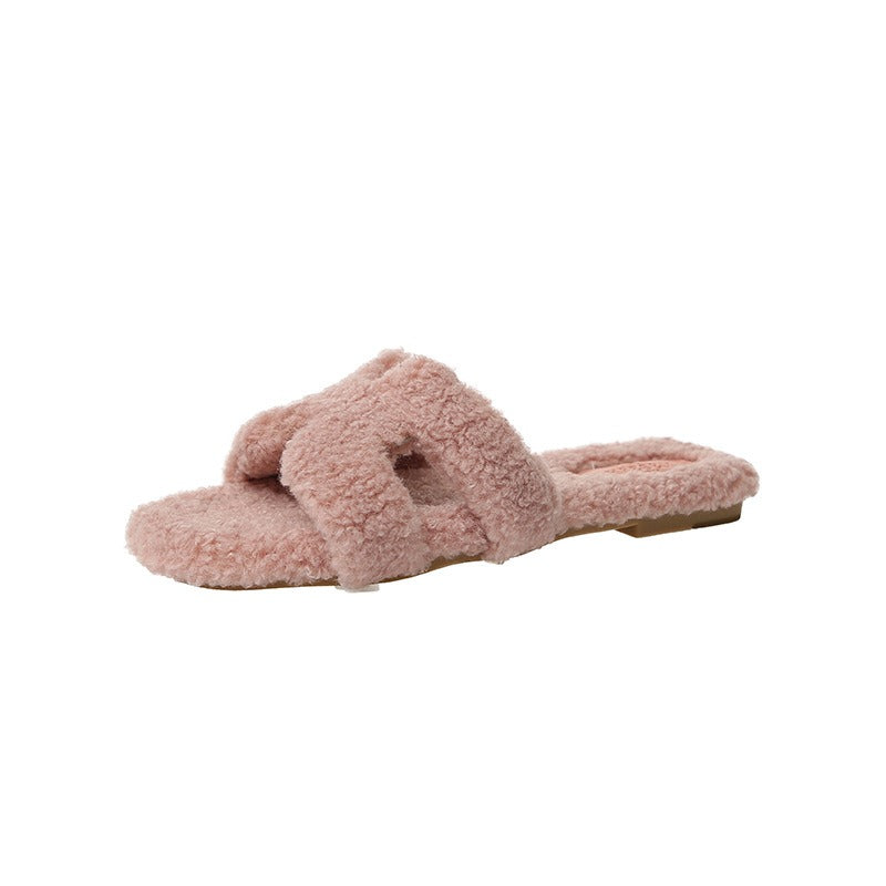 Rainbow Lamb Fur Suede Slide Sandals by Plush Fashion Hub, featuring colorful lamb fur accents and suede straps.