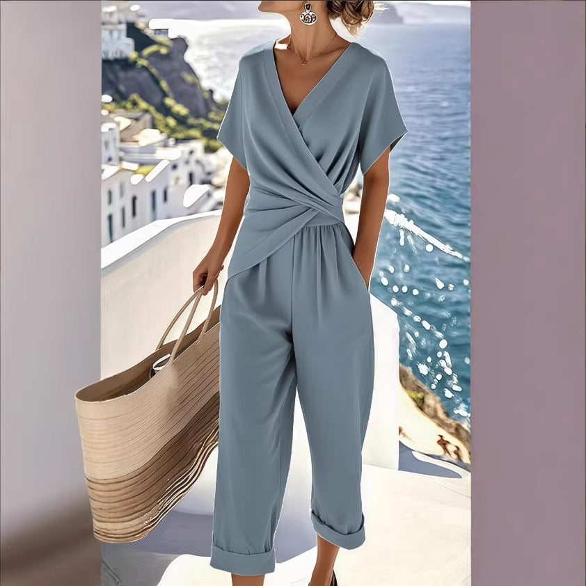 Women's loose irregular short-sleeve two-piece set by FitiqueFit, casualwear with relaxed fit and stylish design.