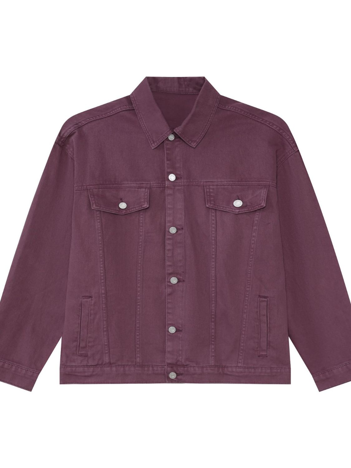 Men's dropped shoulder denim jacket by Plush Fashion Hub, featuring button-up front and casual streetwear style.