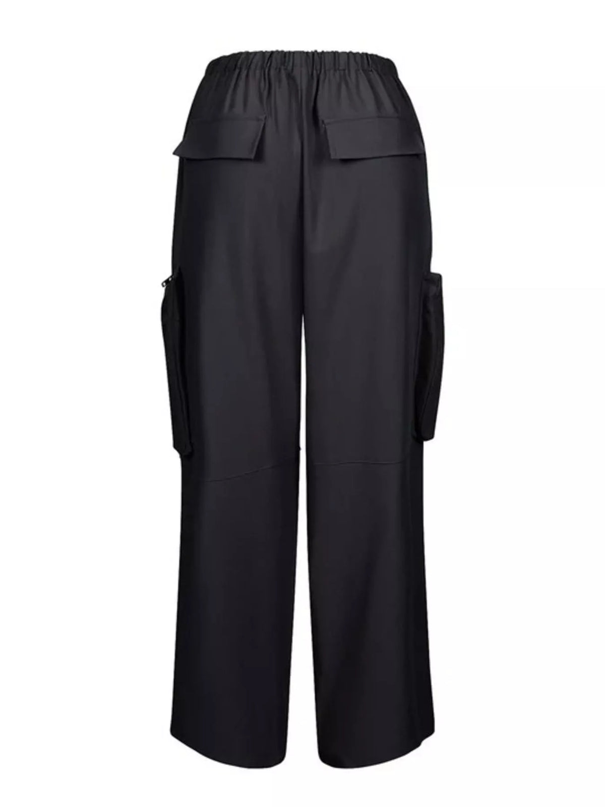Drawstring cargo pants with zipper accents from Trendsi, featuring multiple pockets and a relaxed fit.