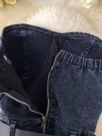 Plush Fashion Hub strapless denim romper with pockets, full-body suit, stylish casual wear, shown on a model.