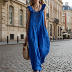Women's sleeveless button-down tank jumpsuit by FitiqueFit, casualwear style, featuring a fitted bodice and wide-leg pants.