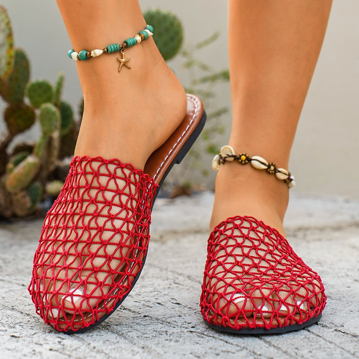 Plush Fashion Hub woven net sandals featuring a casual open-toe design with textured woven straps and flat soles.