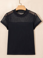 Women's sheer mesh patchwork cap sleeve T-shirt by Trendsi, featuring elegant layering design and stylish rings detail.