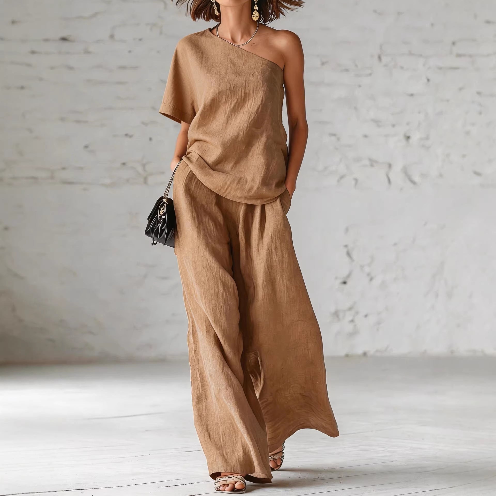 Women’s wide-leg pants and top set by FitiqueFit, casualwear 2-piece outfit with three-quarter sleeves, stylish and comfortable.