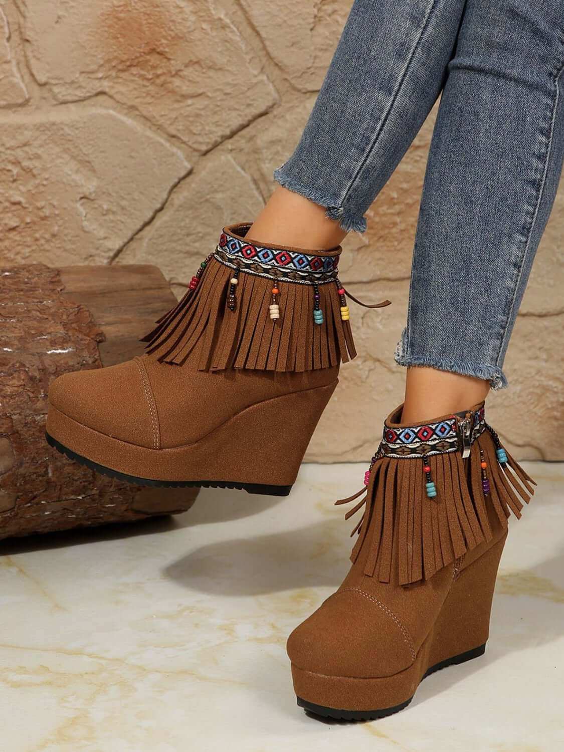 Fringe Suede Wedge Boots with elastomer, beaded tassels, comfortable heel.