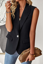 Women's sleeveless open-front vest blazer by FitiqueFit, showcasing a tailored work and office jacket with clean lines and neutral color.
