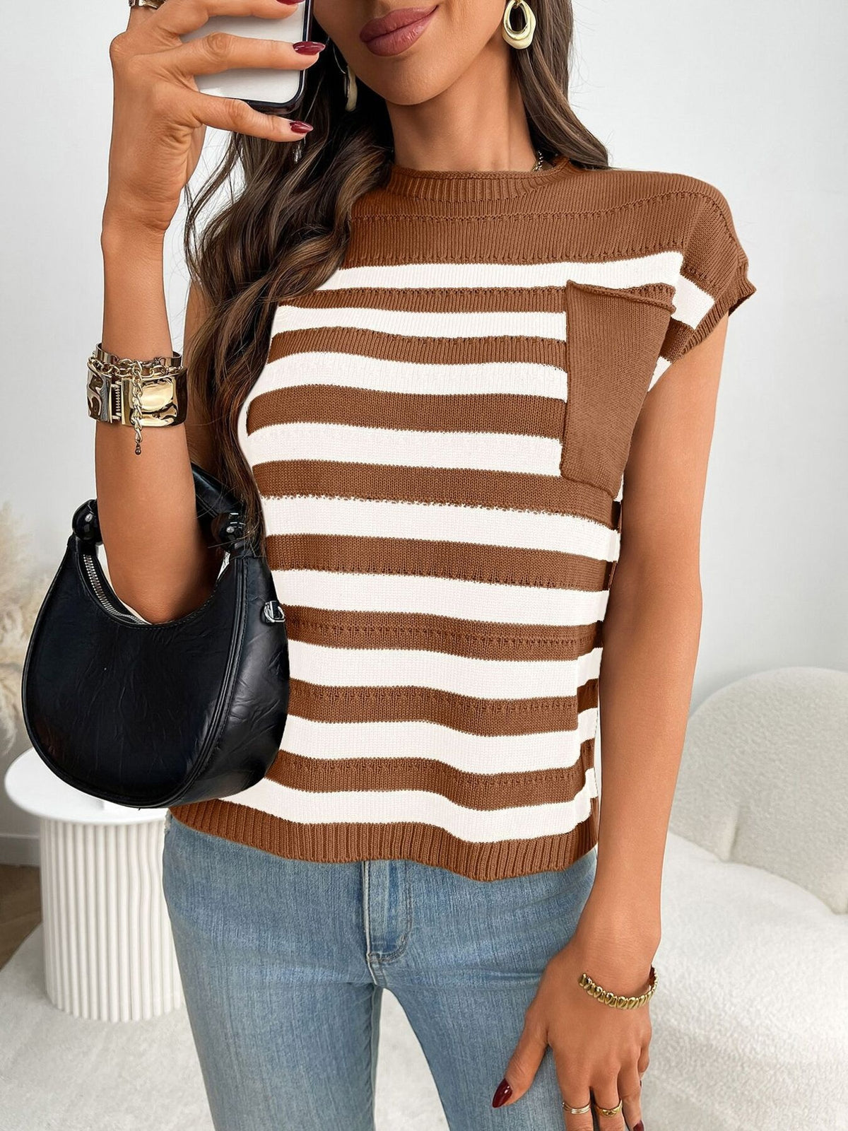 Women’s striped knit cap sleeve sweater with pocket detail, plush fashion hub outerwear, casual and stylish for everyday wear.
