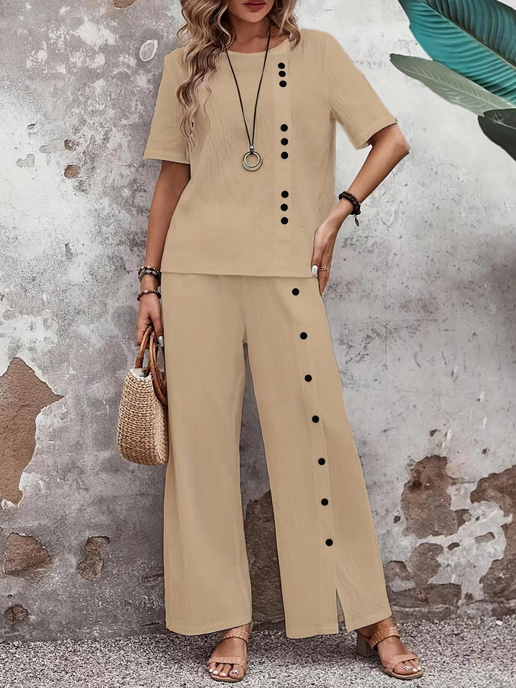 Women’s linen casualwear set with button-up top and loose fit two-piece from Plush Fashion Hub, shown on a model.