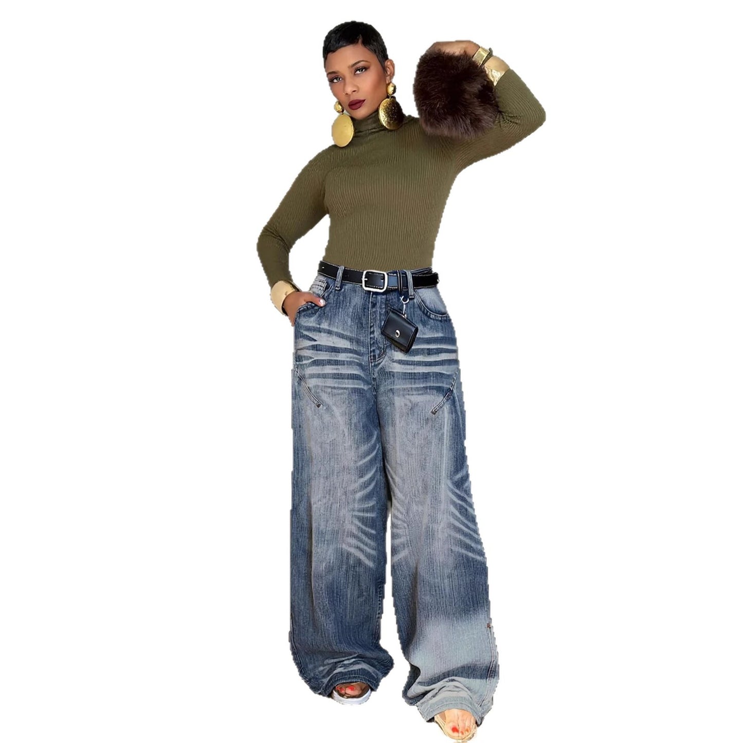 Eprolo relaxed fit faded pleated denim jeans shown on a model, showcasing the casual, comfortable style and light blue wash.