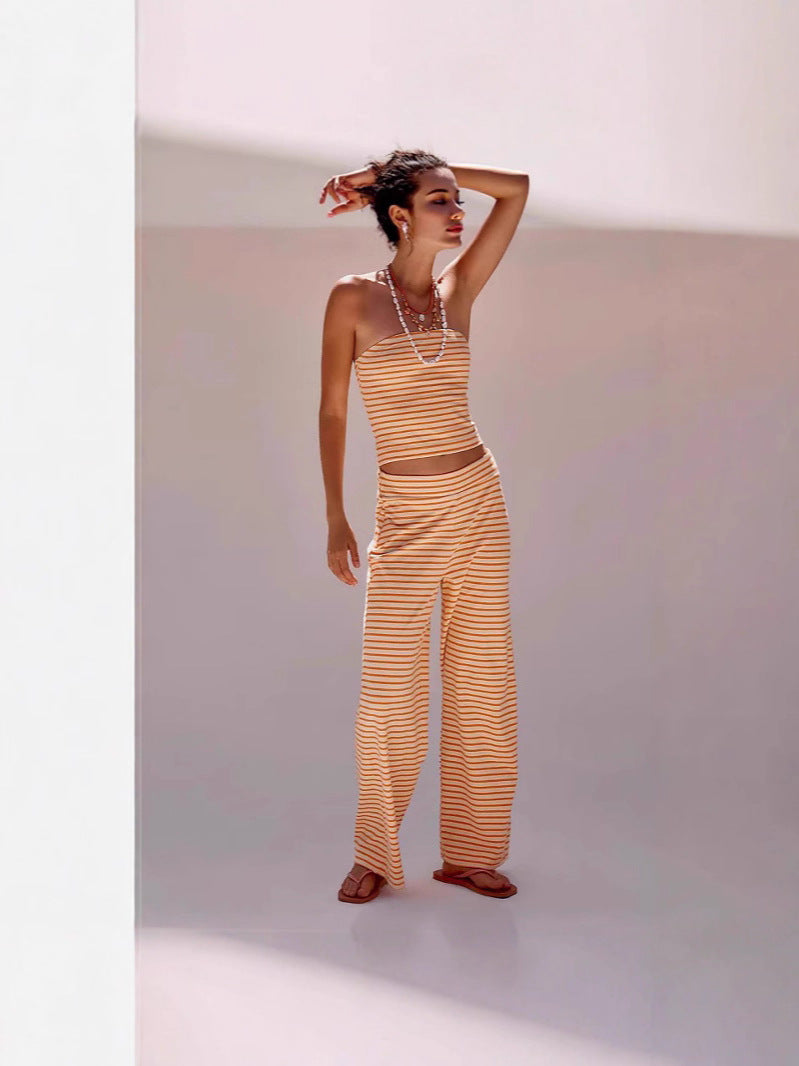Women's striped tube top and pants set by FitiqueFit, casual 2-piece modal matching outfit with trendy striped design.