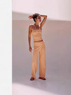 Women's striped tube top and pants set by FitiqueFit, casual 2-piece modal matching outfit with trendy striped design.